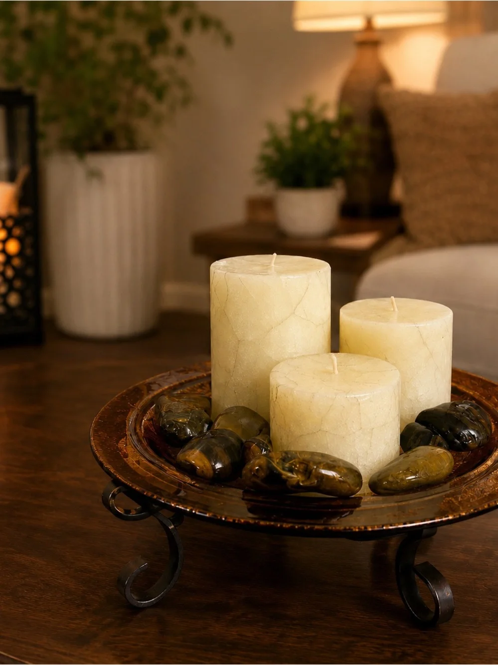 NIB Sam Miguel Saratoga Candle Decor Set | Iron Stand Amber Glass Plate Stones